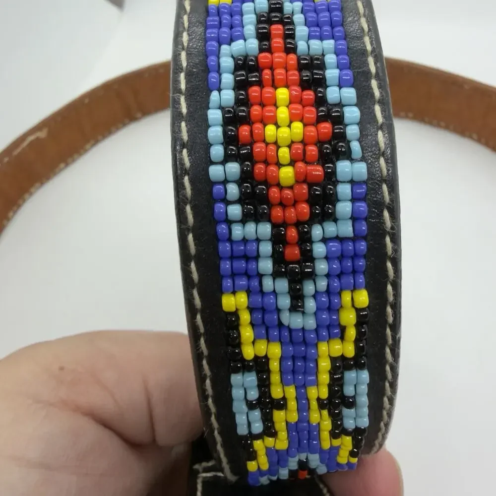 Vintage Beaded Leather Belt SouthWestern Black Sz 30 Native American Handmade